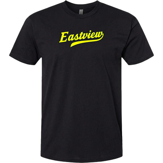 A black t-shirt with the word "Eastview" printed in yellow on the front.