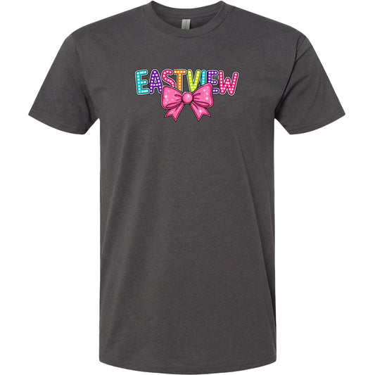 A gray t-shirt with a colorful graphic design featuring the word "EASTVIEW" with a bow on the left side.