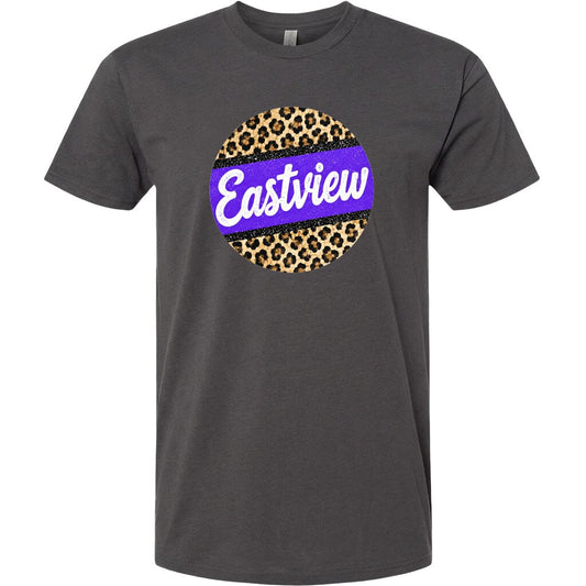 A gray t-shirt with a circular graphic design featuring a leopard print pattern and the word "Eastview" written in purple text.