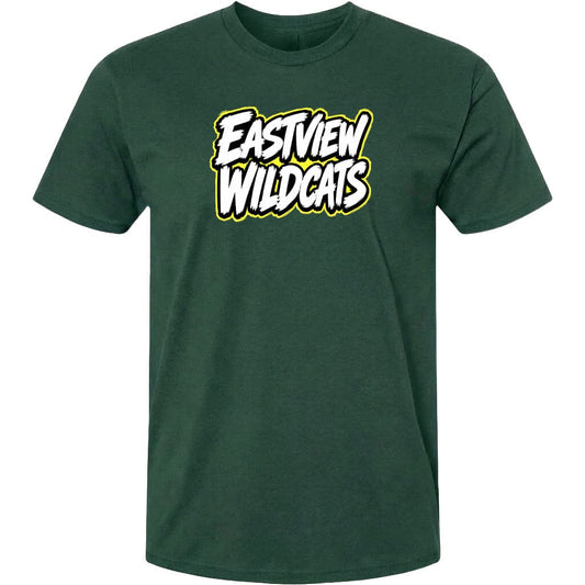 A dark green t-shirt with a bold graphic design featuring the text "EASTVIEW WILDCATS" in white and yellow lettering.