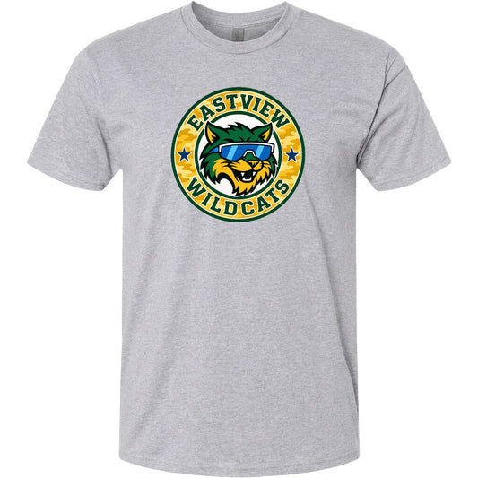 A gray t-shirt with a circular logo featuring a cartoon cat wearing sunglasses and the text "EASTVIEW WILDCATS".