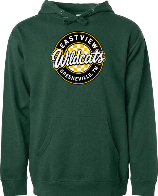 A dark green hoodie with a circular logo on the front.