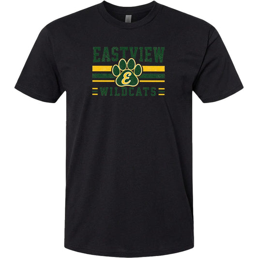 A black t-shirt with a graphic design featuring a paw print and the text "EASTVIEW WILDLATS" in green and yellow colors.