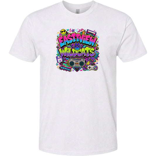 A white t-shirt with a colorful graphic design featuring the text "Eastview Wildcats" surrounded by various icons and symbols, such as a boombox, sunglasses, and a skateboard.