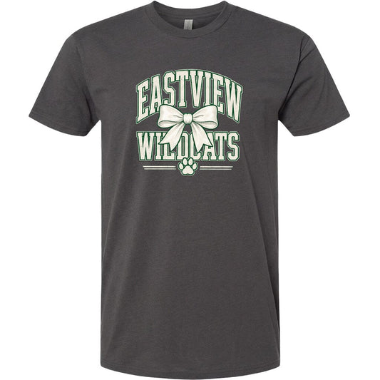 A gray t-shirt with a graphic design featuring the text "EASTVIEW WILDLIFE" and a bow.