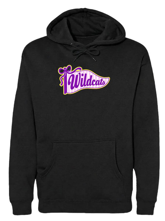 A black hoodie with a purple and yellow graphic on the front, featuring the text "Wildcats".
