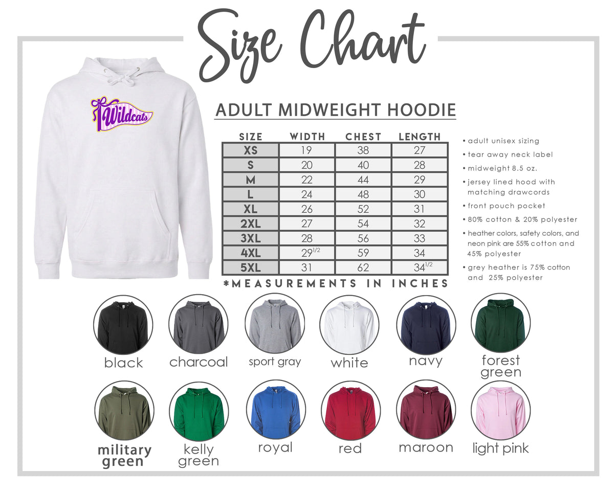 The image is a size chart for an adult midweight hoodie, including various color options and corresponding measurements in inches.