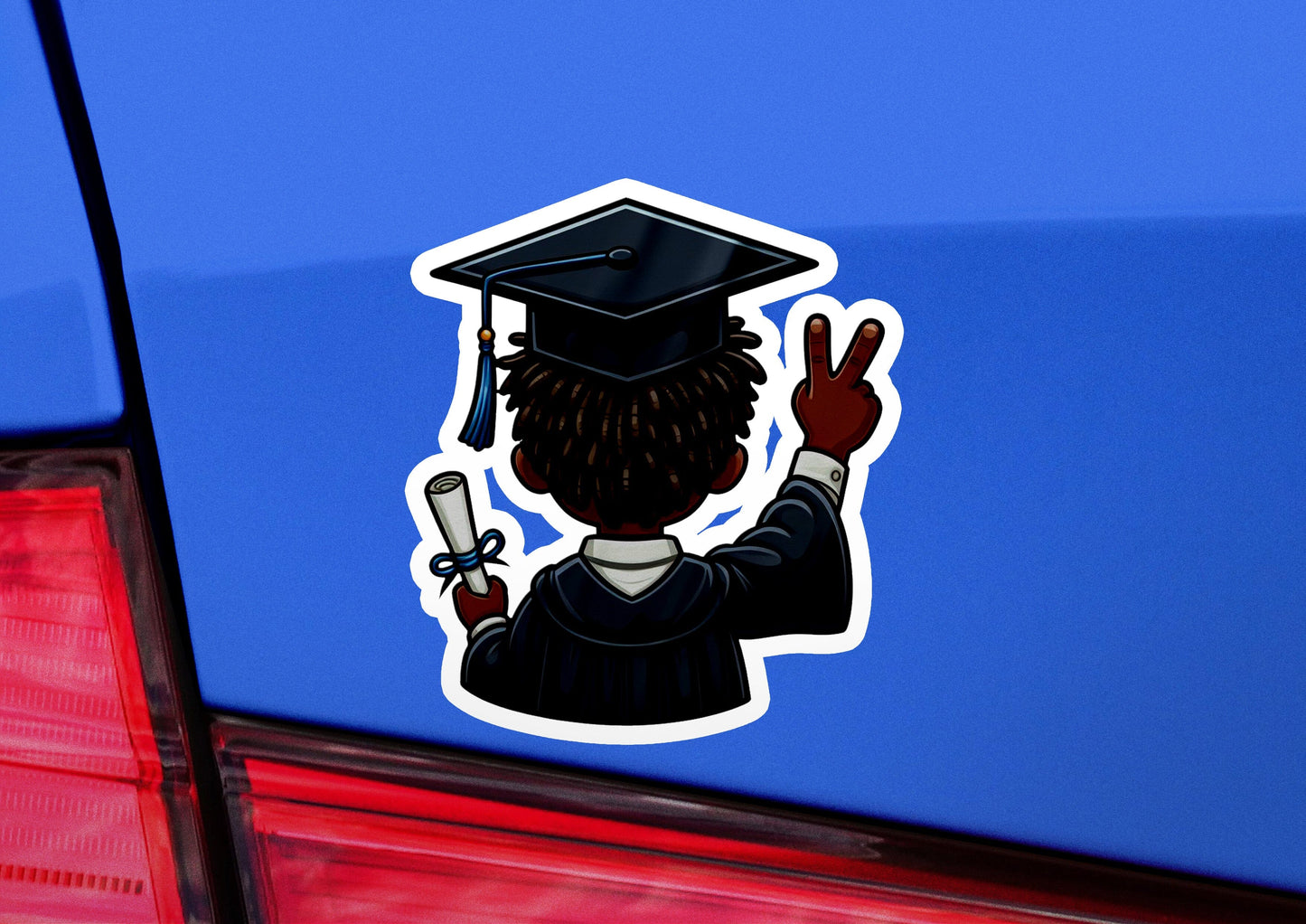 a sticker of a person wearing a graduation cap and holding a peace sign