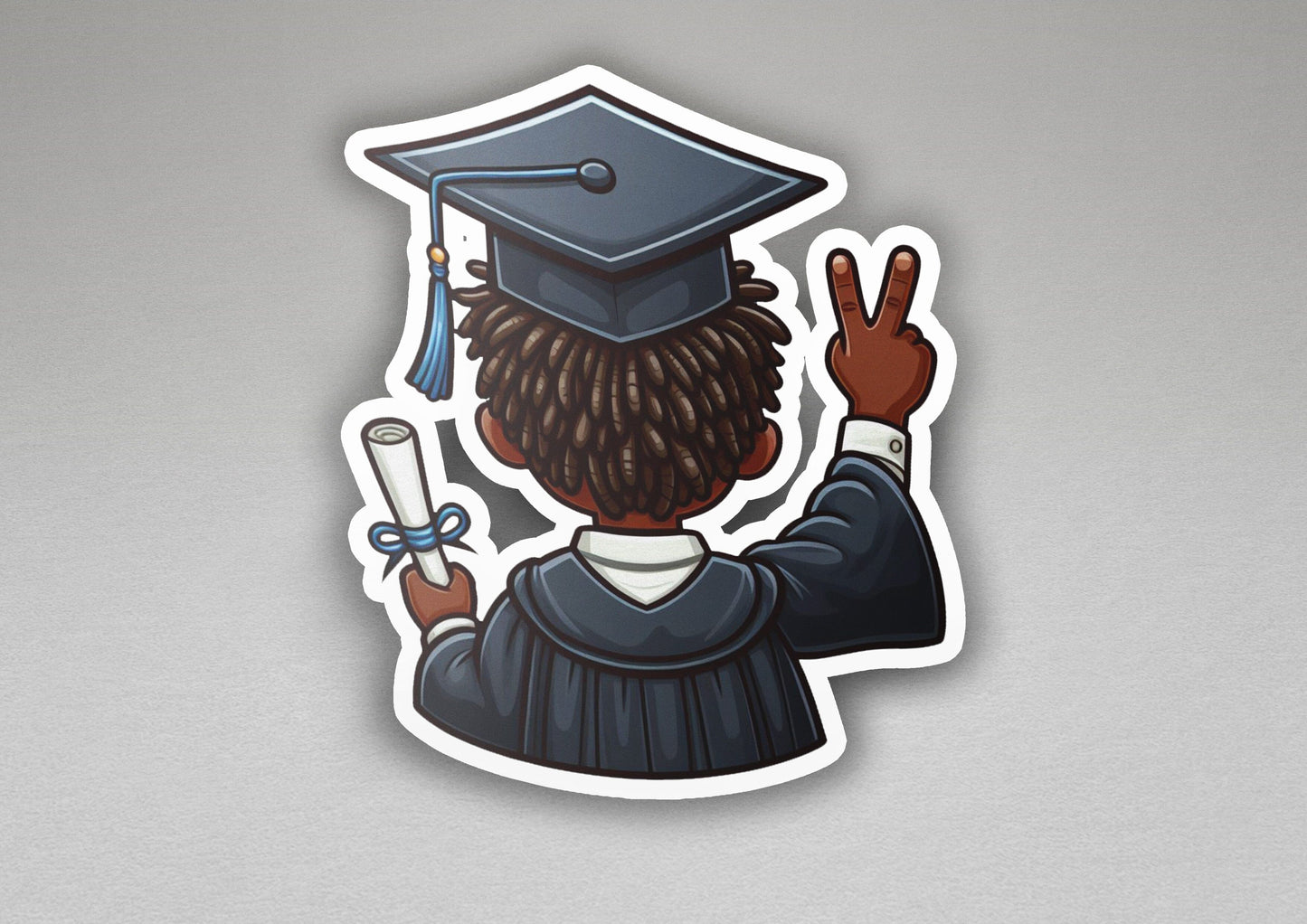 a sticker of a person wearing a graduation cap and gown