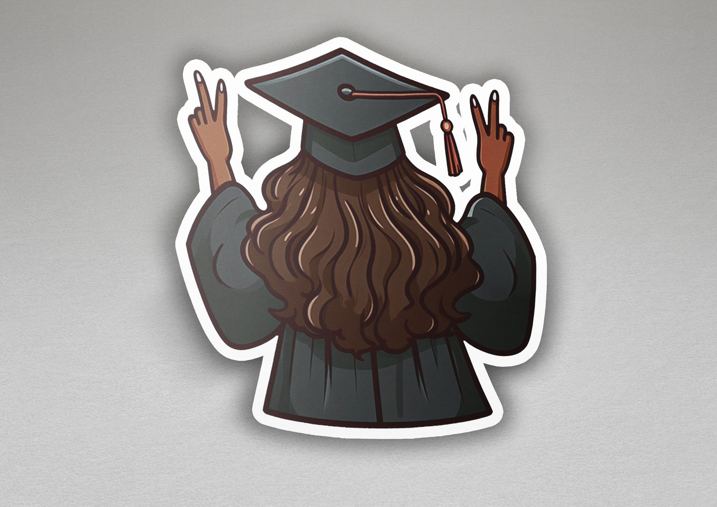 a sticker of a man with long hair wearing a graduation cap