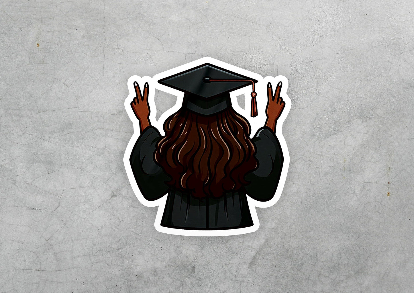 a sticker of a man with long hair wearing a graduation cap