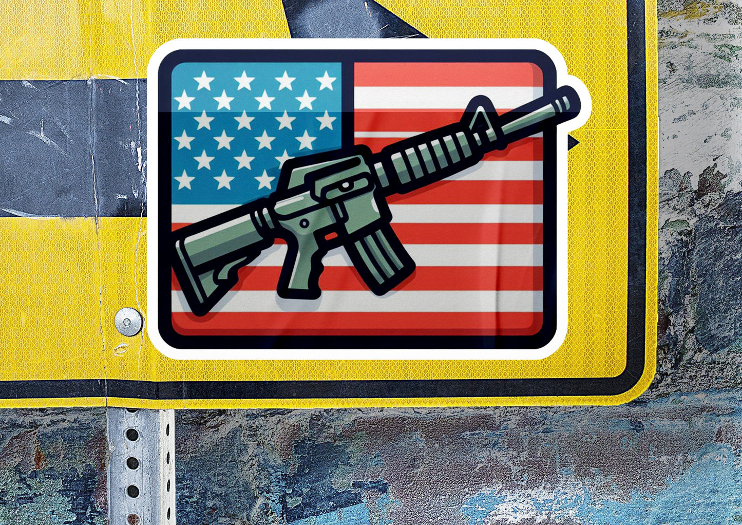 a sticker of an american flag with a gun on it