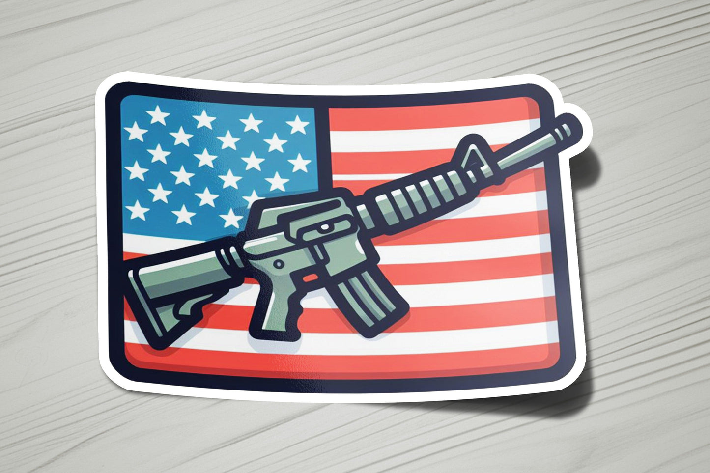 a sticker with an american flag and a gun