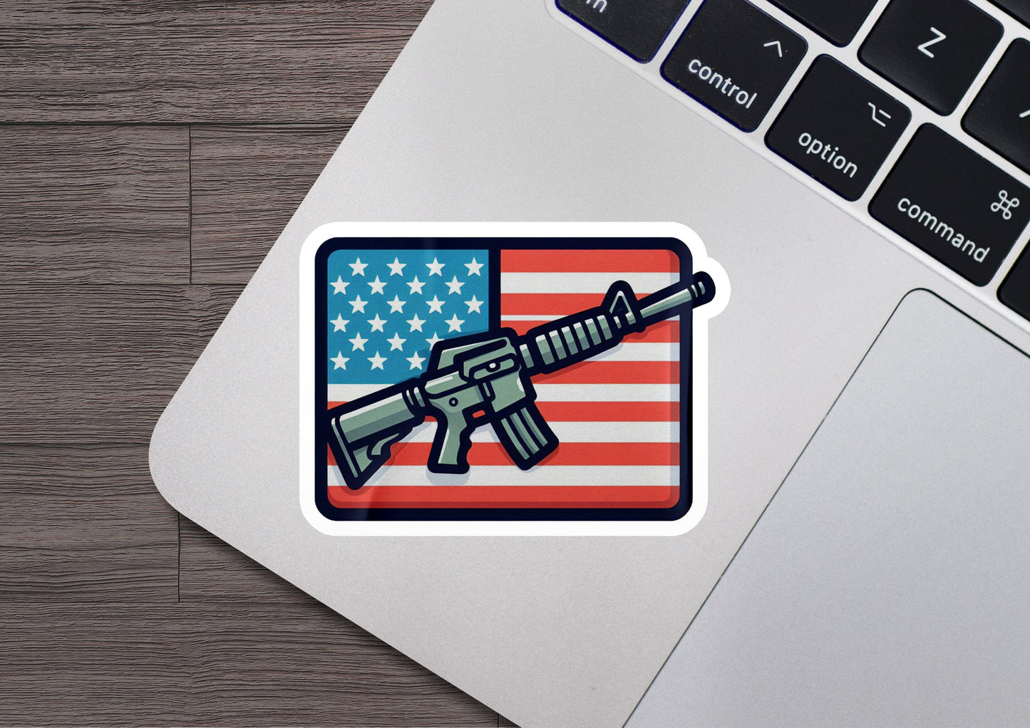 a sticker of an american flag with a gun on it