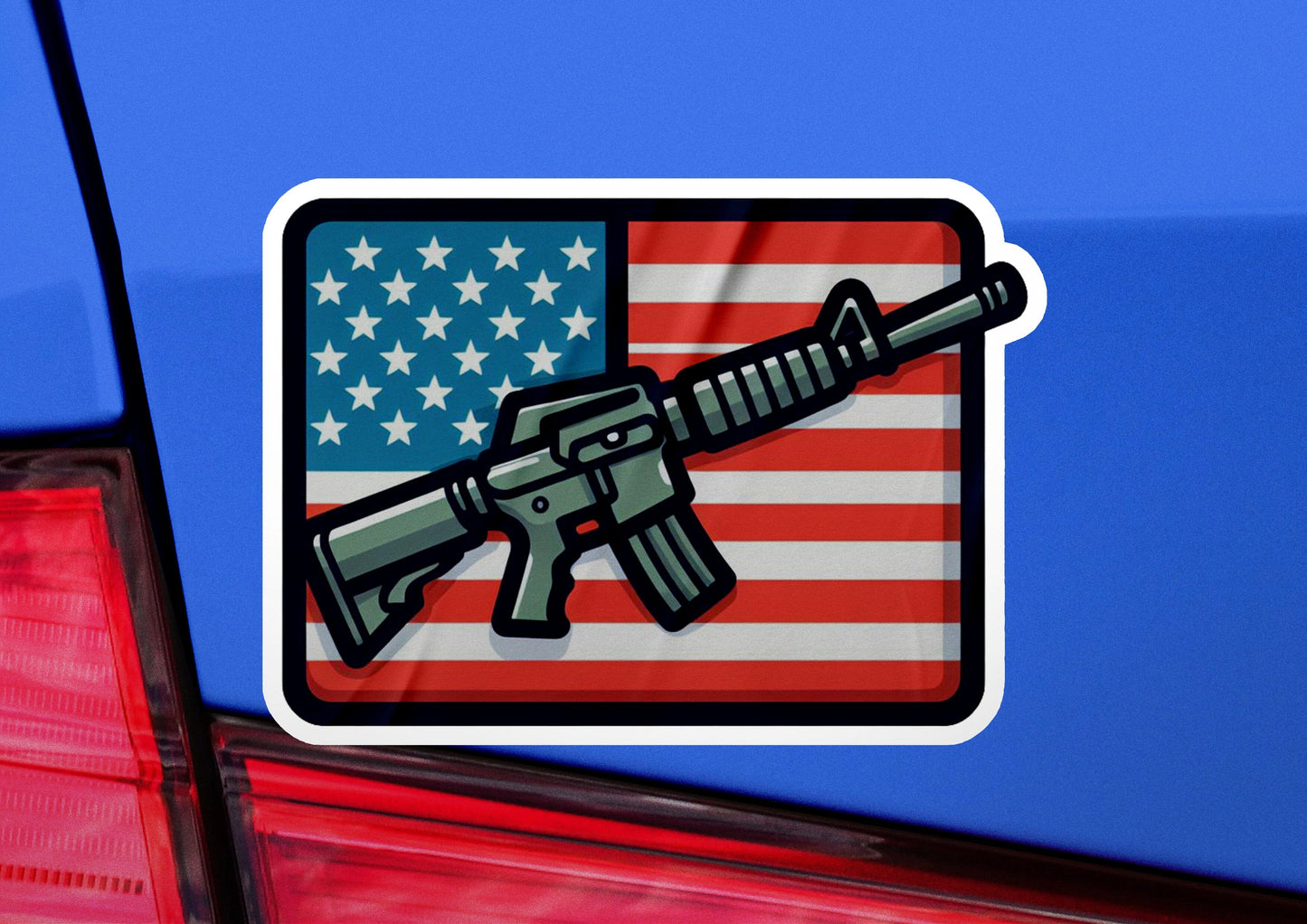 a sticker of an american flag and a gun