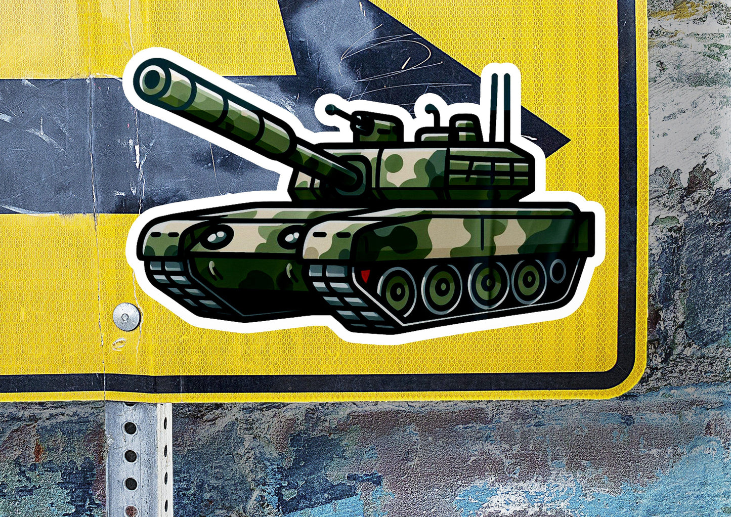a sticker of a tank on a yellow sign