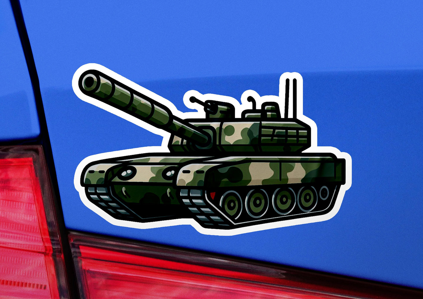 a close up of a car with a sticker of a tank
