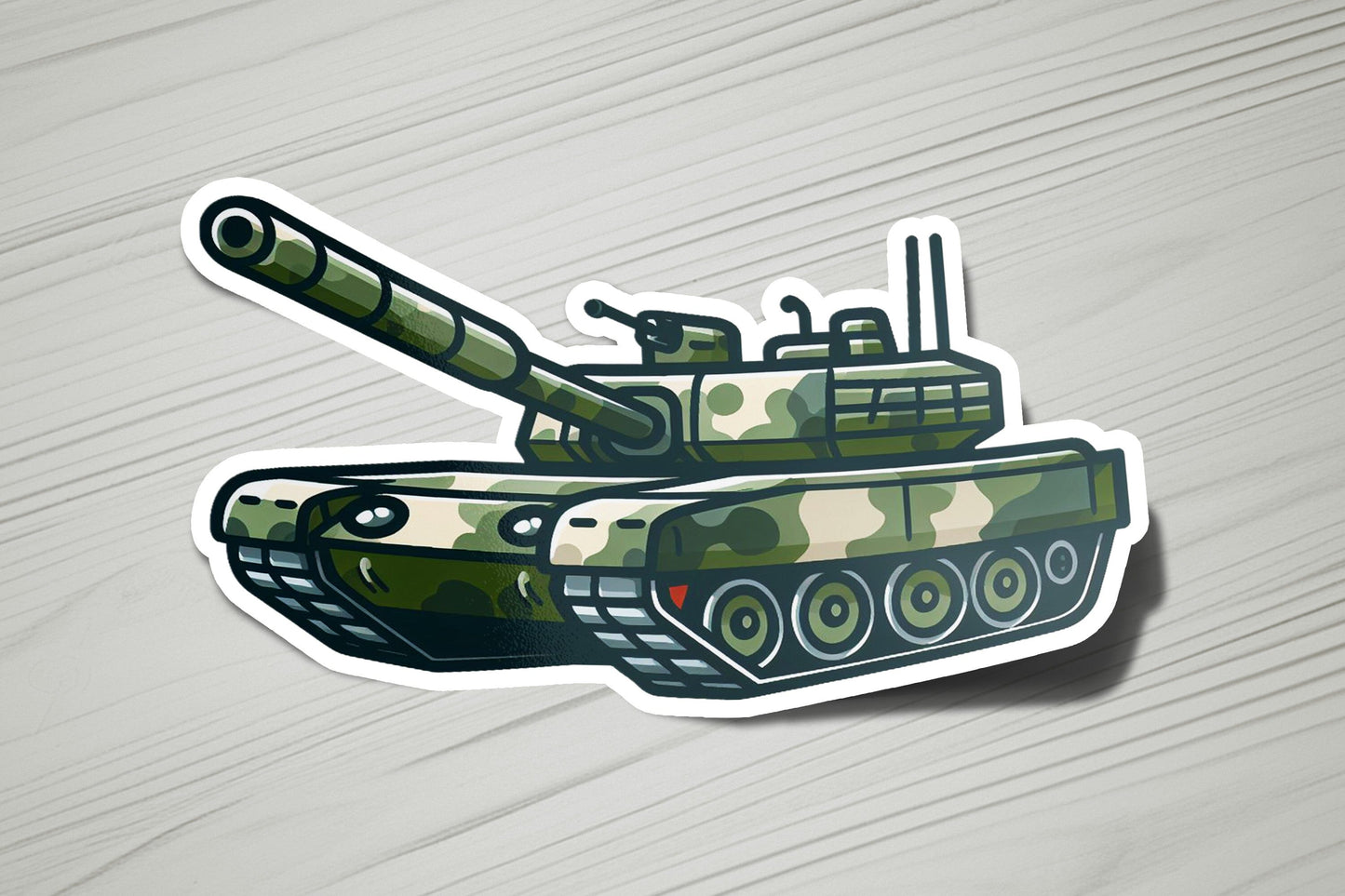 a sticker of a tank on a table