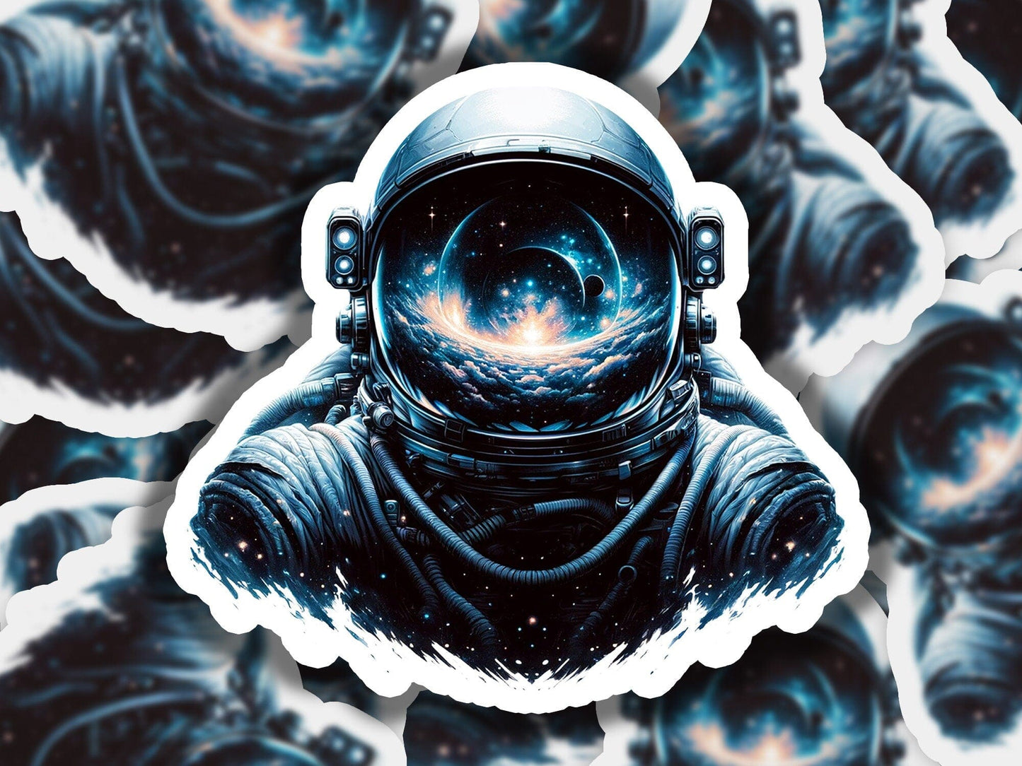 a sticker of an astronaut in space surrounded by stars