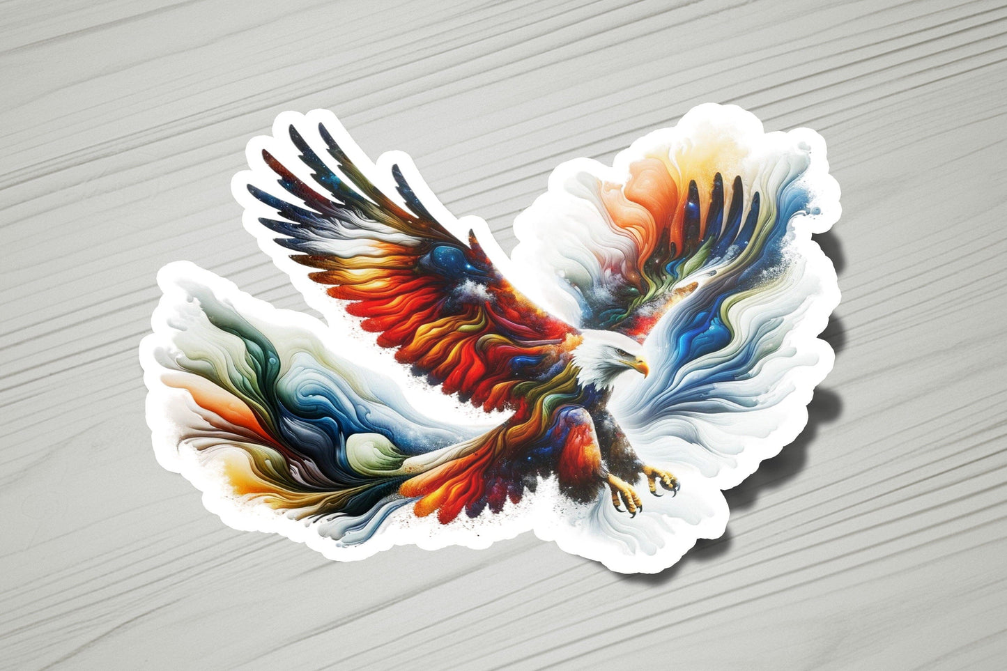 a sticker of a bird with multicolored wings