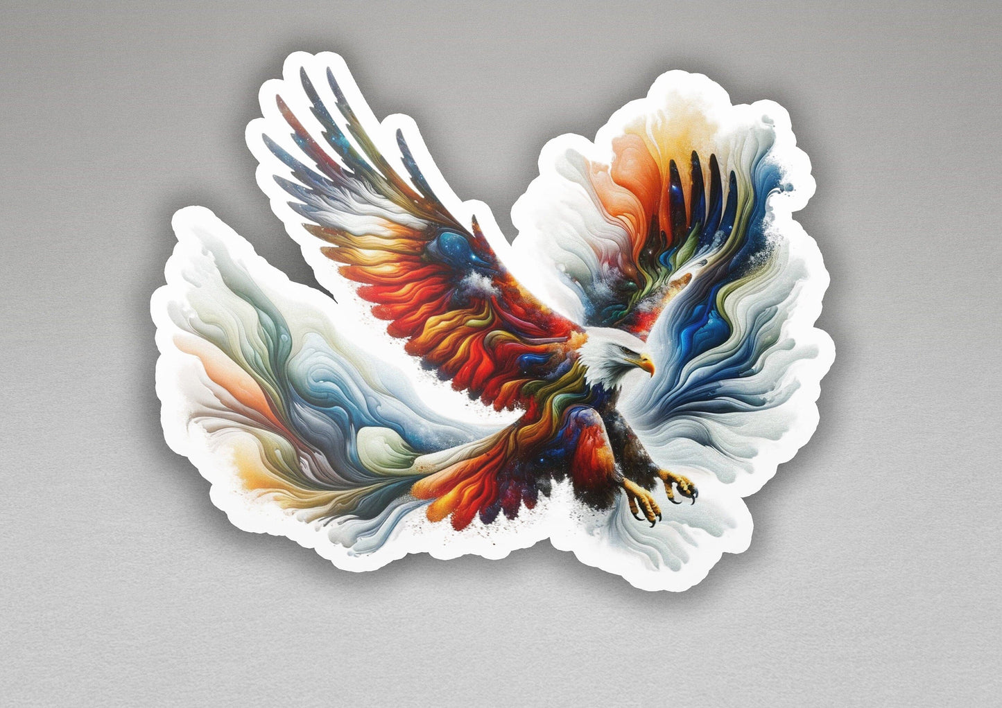 a sticker of a colorful bird flying