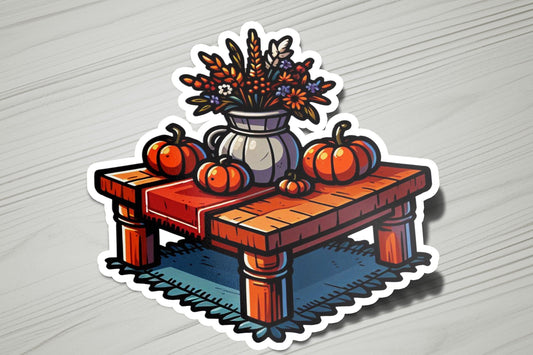 a sticker of a table with pumpkins and a vase of flowers