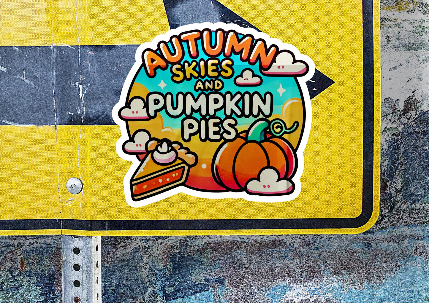a sticker of a pumpkin pie on a street sign