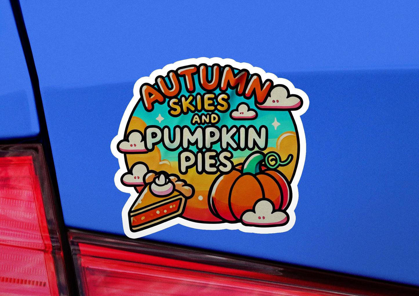 a sticker that says autumn skies and pumpkin pies