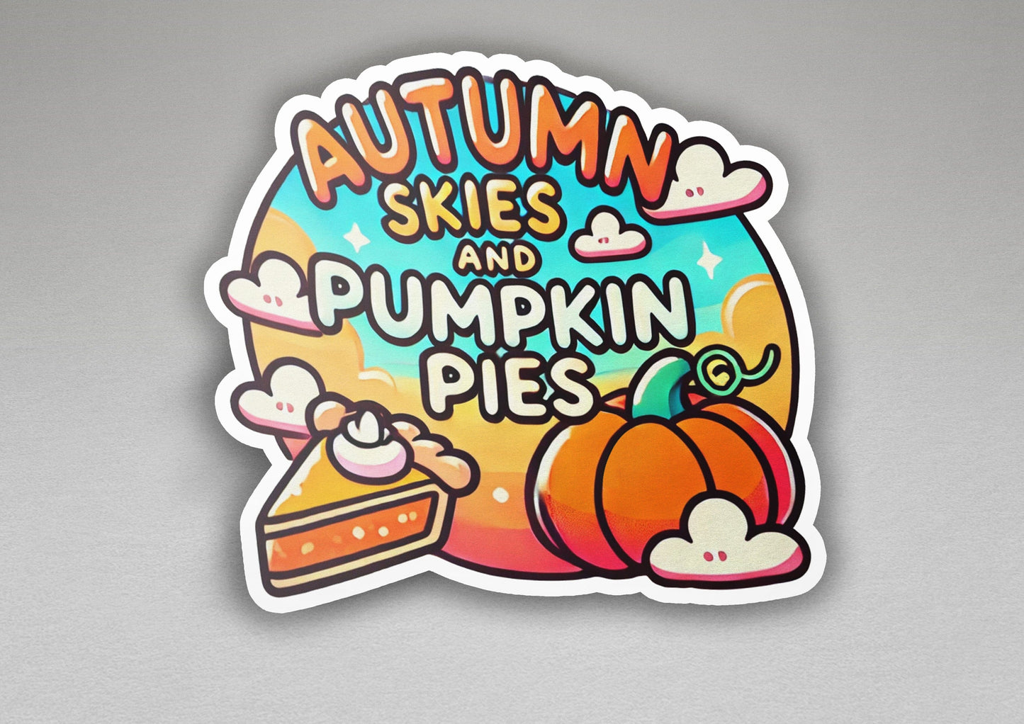 a sticker that says autumn skies and pumpkin pies