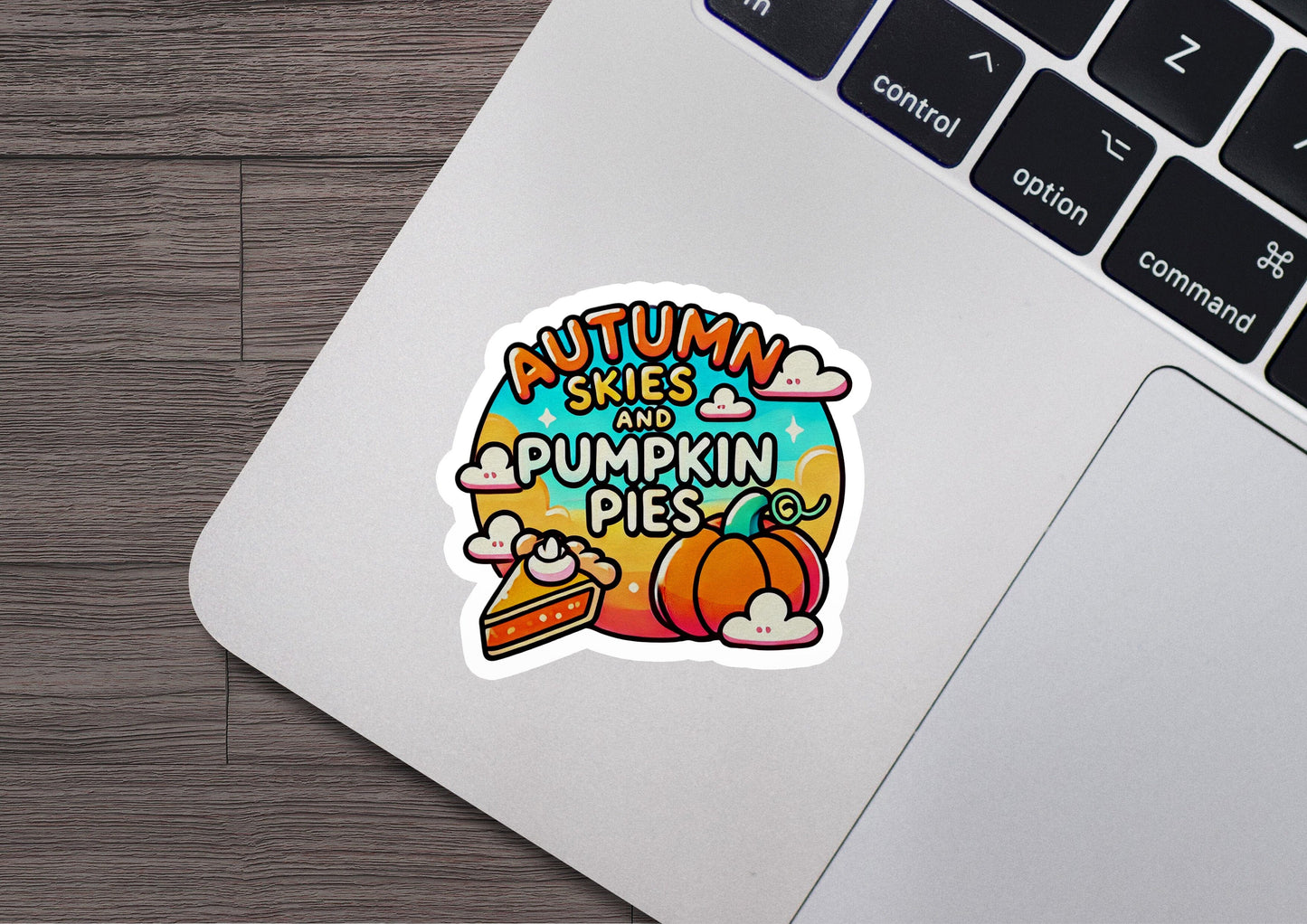 a sticker of a pumpkin pie on a laptop