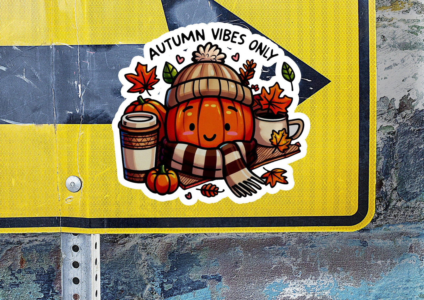 a street sign with a sticker of a pumpkin holding a cup of coffee