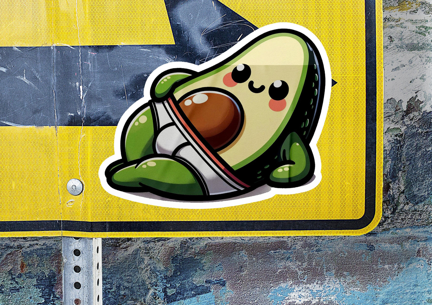a sticker of an avocado on a street sign