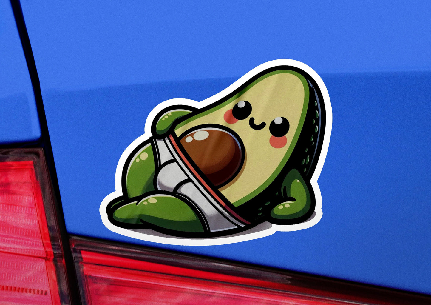 an avocado sticker on the back of a car
