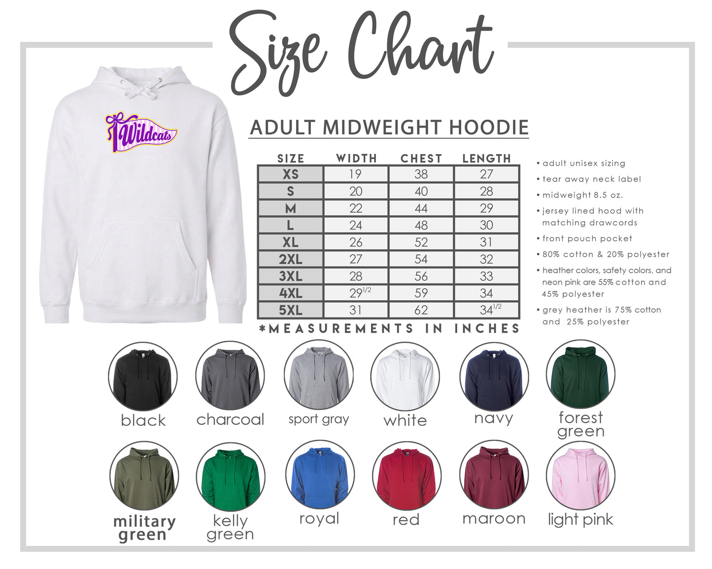 The image is a size chart for an adult midweight hoodie, including various color options and corresponding measurements in inches.