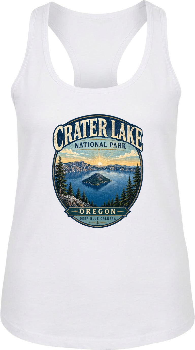 A white tank top with a graphic design depicting Crater Lake National Park in Oregon.