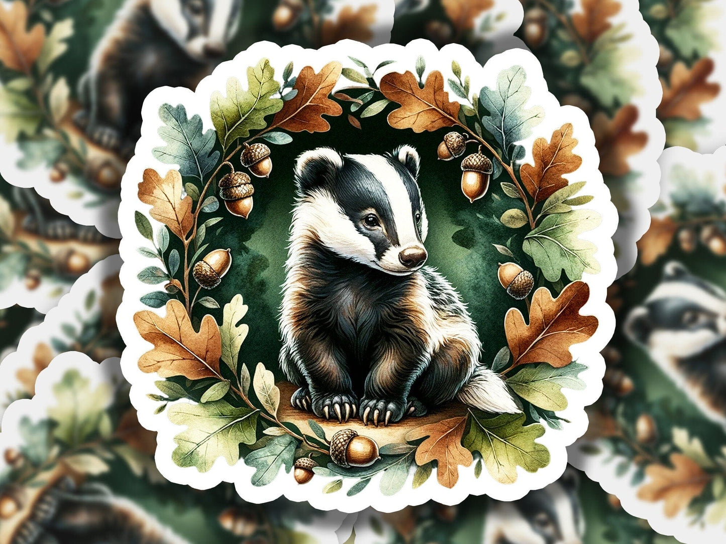 a picture of a badger surrounded by leaves and acorns