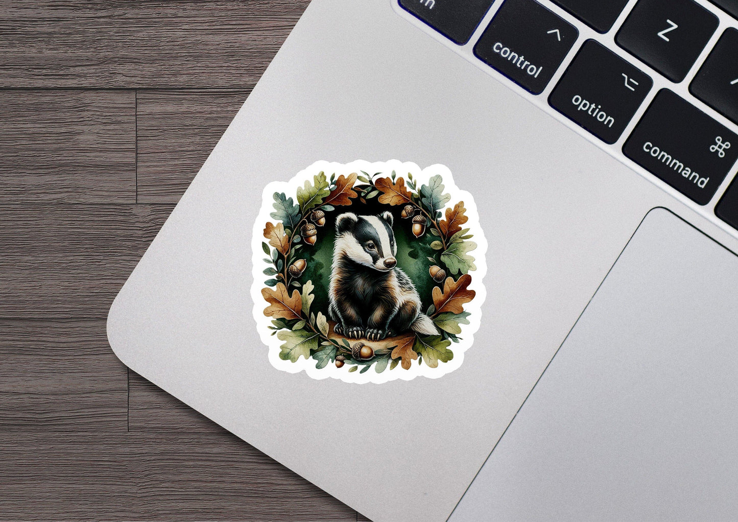 a sticker of a badger surrounded by leaves