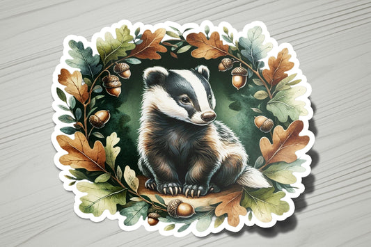 a sticker of a badger surrounded by leaves and acorns