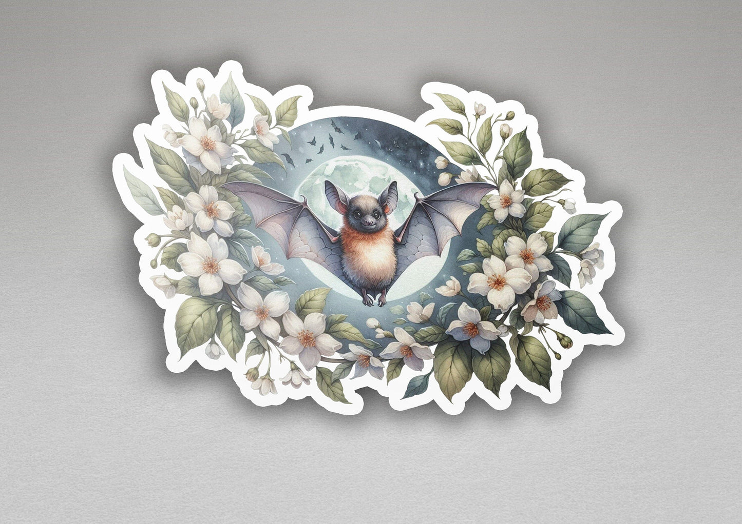 a sticker of a bat with flowers around it