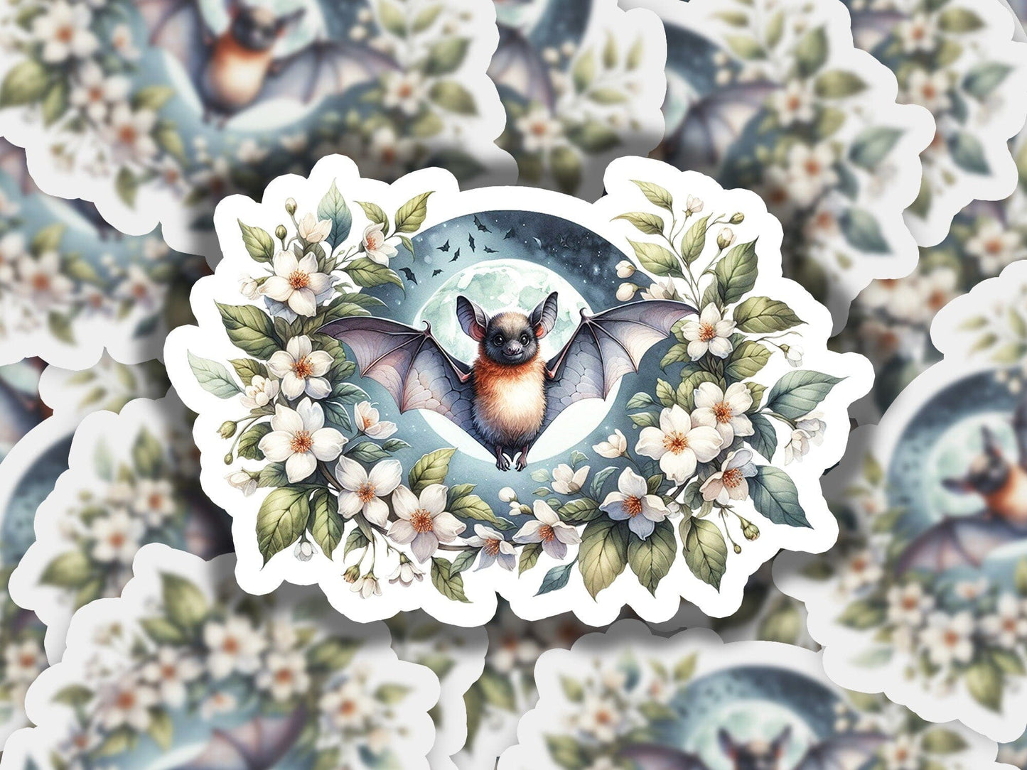 a picture of a bat surrounded by flowers and leaves