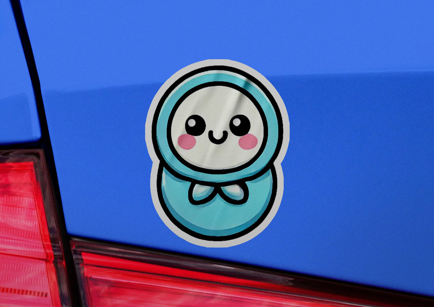 a car with a sticker of a cartoon character