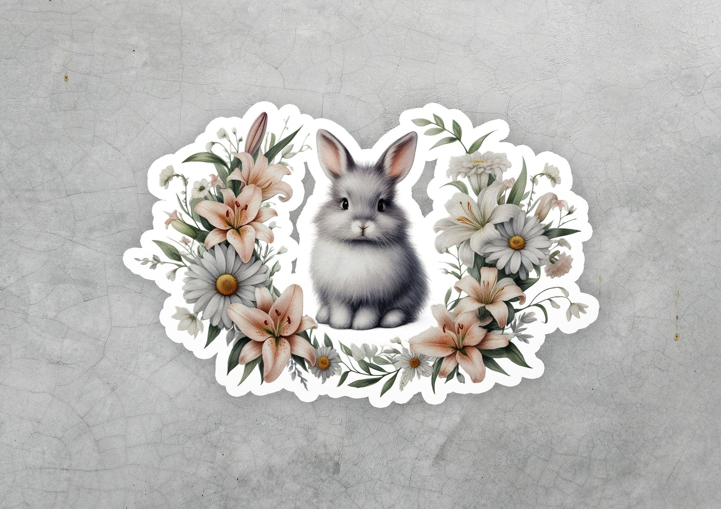 a sticker of a rabbit surrounded by flowers