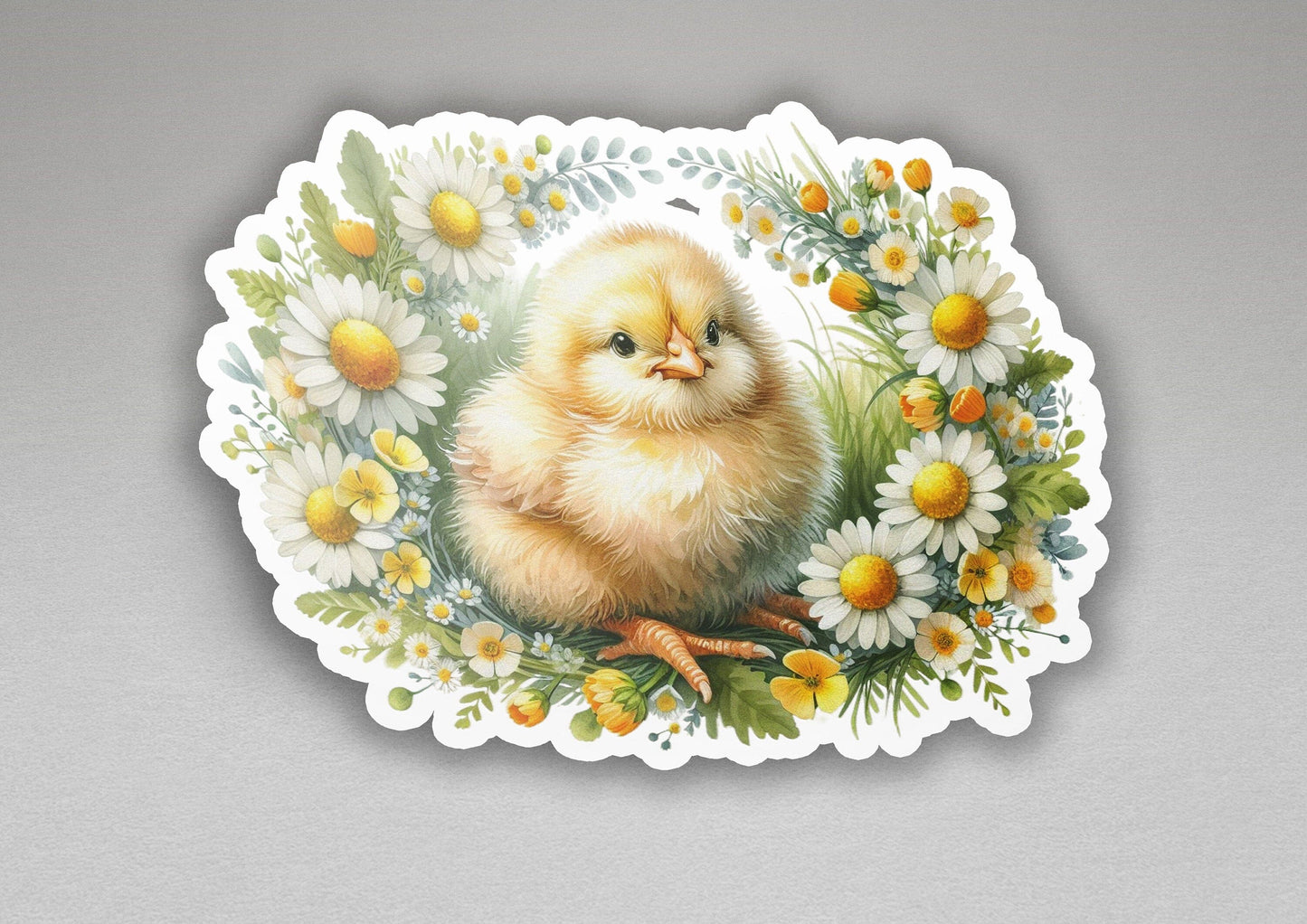a sticker of a chicken with daisies and daisies around it