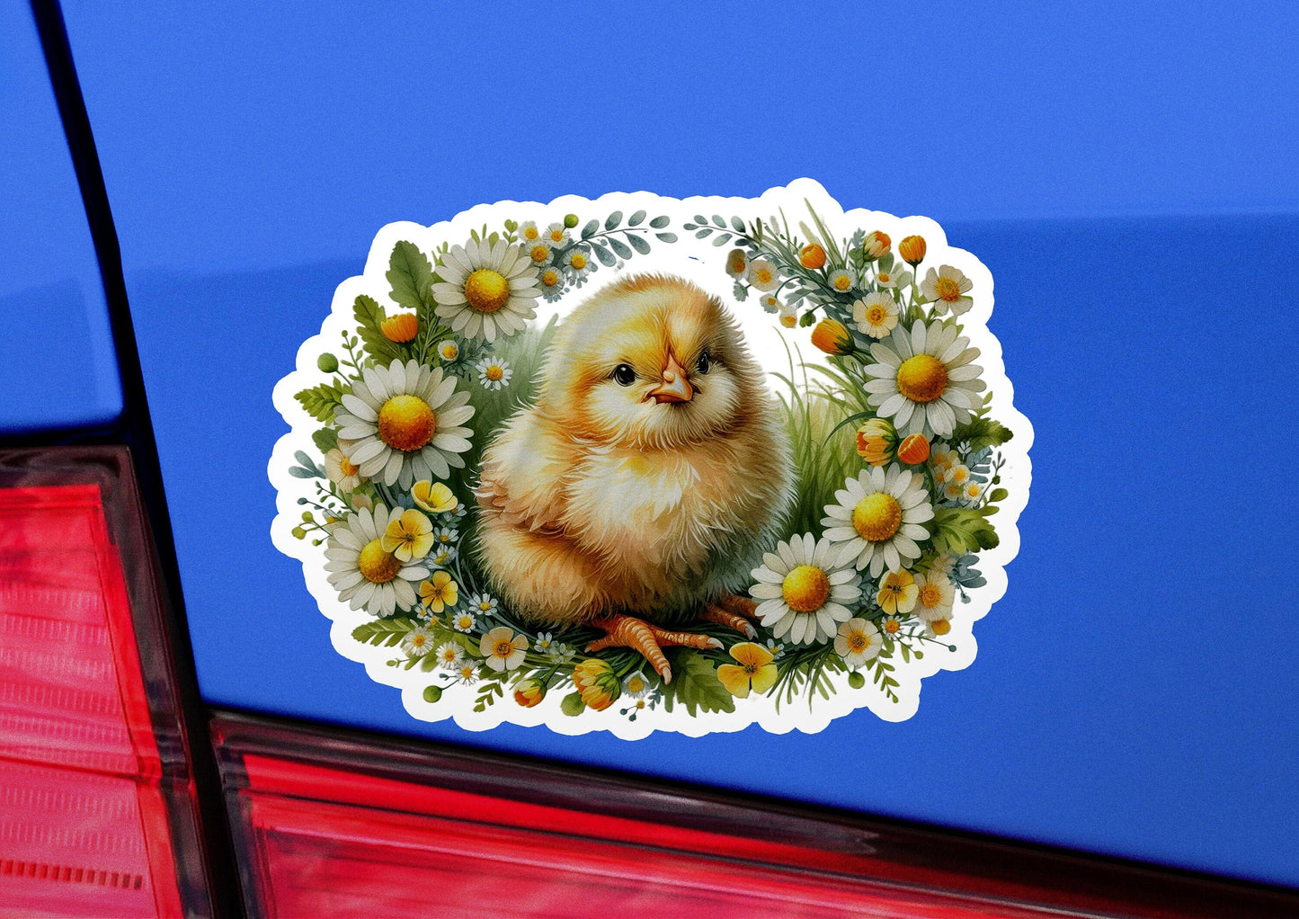 a car with a sticker of a chicken on it