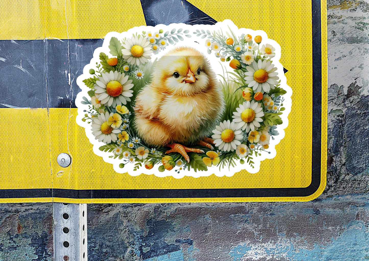 a close up of a street sign with a chicken on it