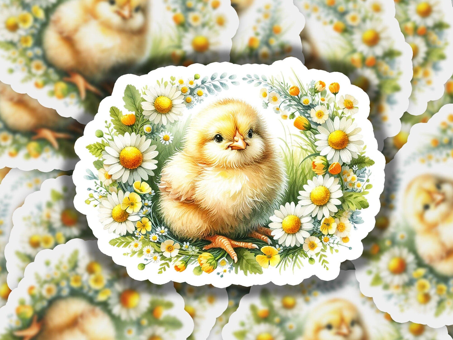a picture of a chicken surrounded by daisies
