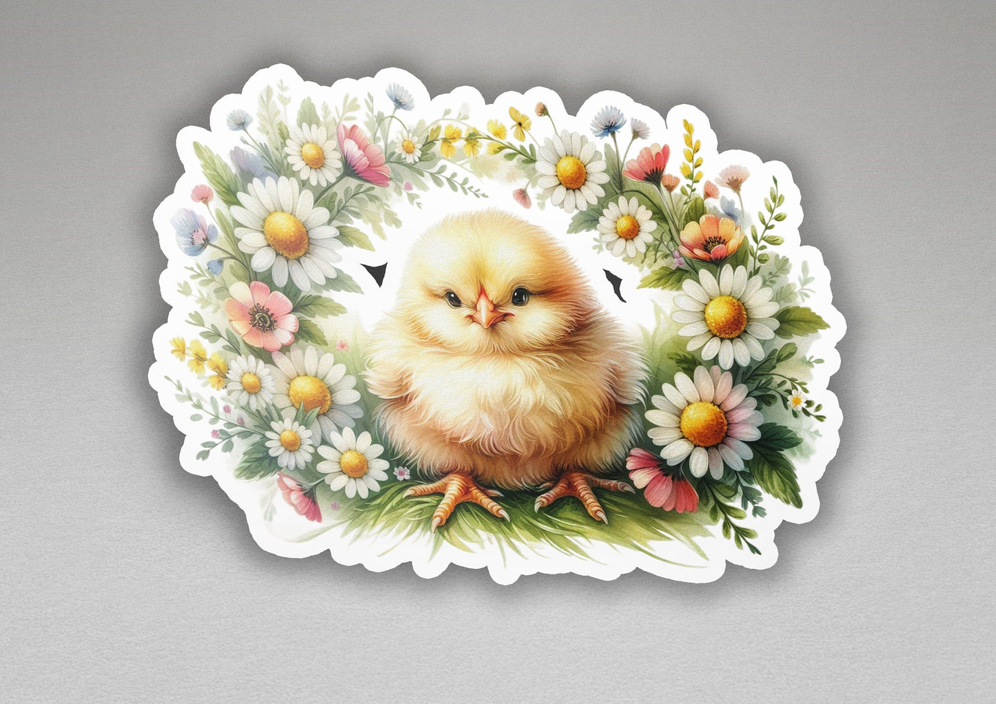 a sticker of a chicken with flowers around it