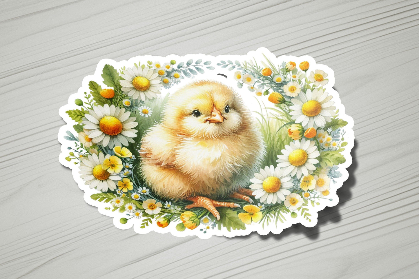 a sticker of a chicken with daisies and daisies around it