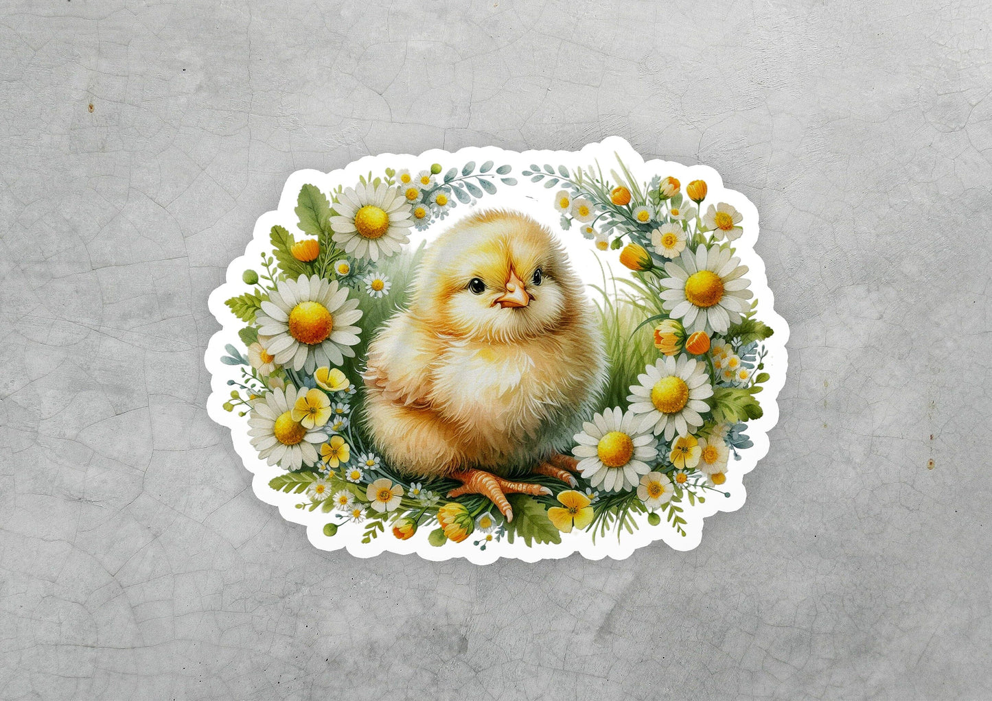 a sticker of a chicken with daisies and daisies around it