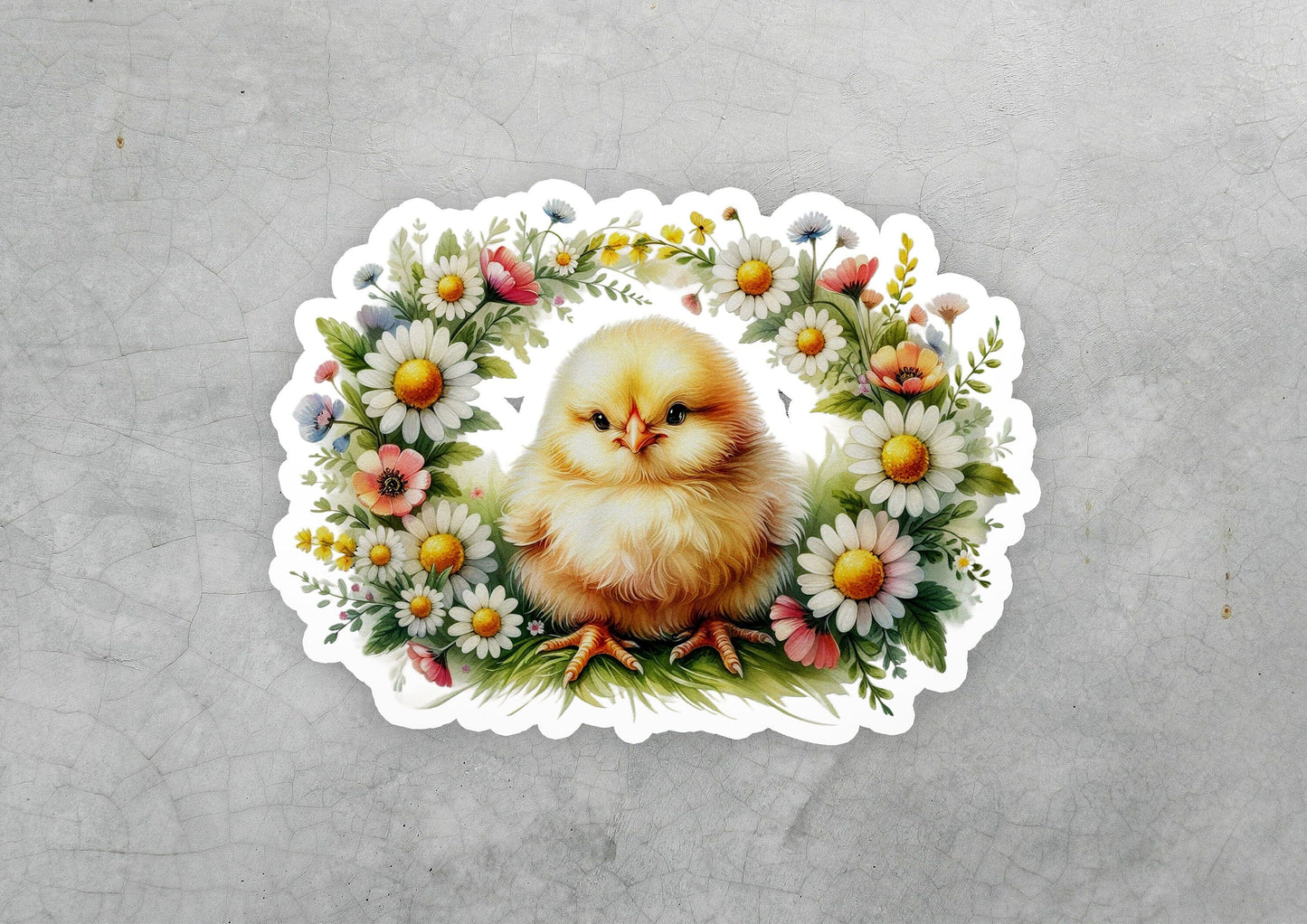 a sticker of a chicken surrounded by flowers